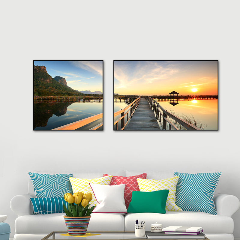 Tropics Sea Bridge Scenery Canvas Pastel Color Multi-Piece Wall Art Print for Living Room Clearhalo 'Art Gallery' 'Canvas Art' 'Contemporary Art Gallery' 'Modern' Arts' 1760760