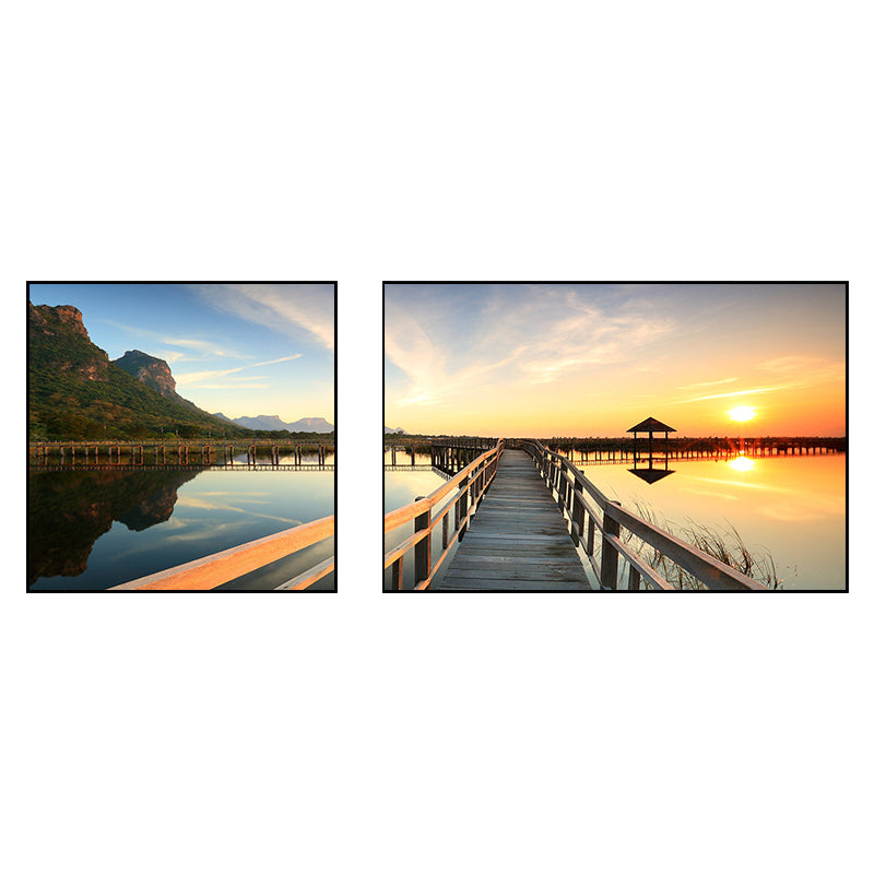 Tropics Sea Bridge Scenery Canvas Pastel Color Multi-Piece Wall Art Print for Living Room Clearhalo 'Art Gallery' 'Canvas Art' 'Contemporary Art Gallery' 'Modern' Arts' 1760762