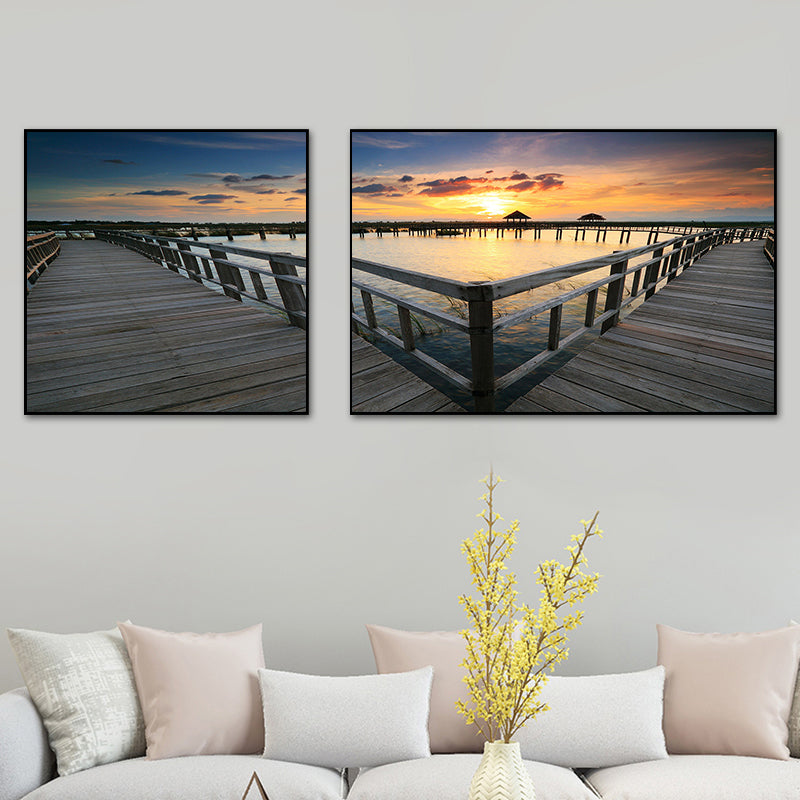 Tropics Sea Bridge Scenery Canvas Pastel Color Multi-Piece Wall Art Print for Living Room Brown Clearhalo 'Art Gallery' 'Canvas Art' 'Contemporary Art Gallery' 'Modern' Arts' 1760763