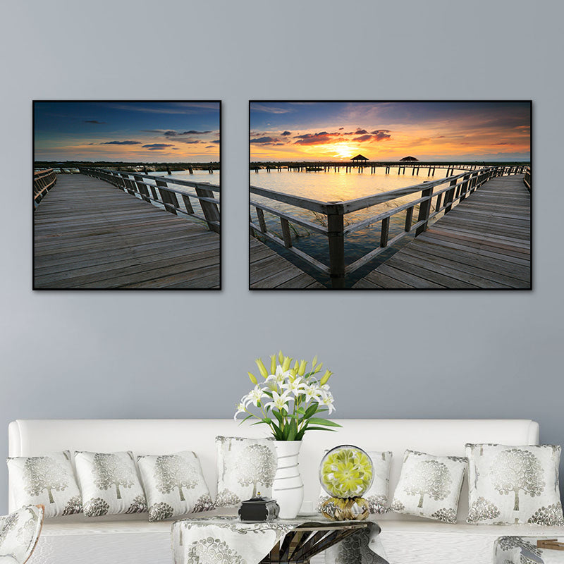 Tropics Sea Bridge Scenery Canvas Pastel Color Multi-Piece Wall Art Print for Living Room Clearhalo 'Art Gallery' 'Canvas Art' 'Contemporary Art Gallery' 'Modern' Arts' 1760764
