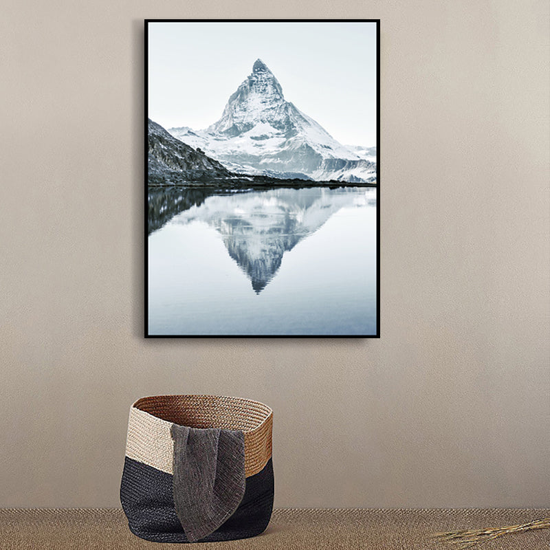 Grey Lakeside Snowy Mountain Canvas Landscape Modern Textured Wall Art Print for Room Clearhalo 'Art Gallery' 'Canvas Art' 'Contemporary Art Gallery' 'Modern' Arts' 1760799