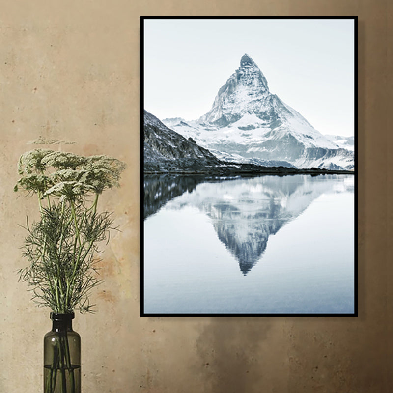 Grey Lakeside Snowy Mountain Canvas Landscape Modern Textured Wall Art Print for Room Clearhalo 'Art Gallery' 'Canvas Art' 'Contemporary Art Gallery' 'Modern' Arts' 1760800