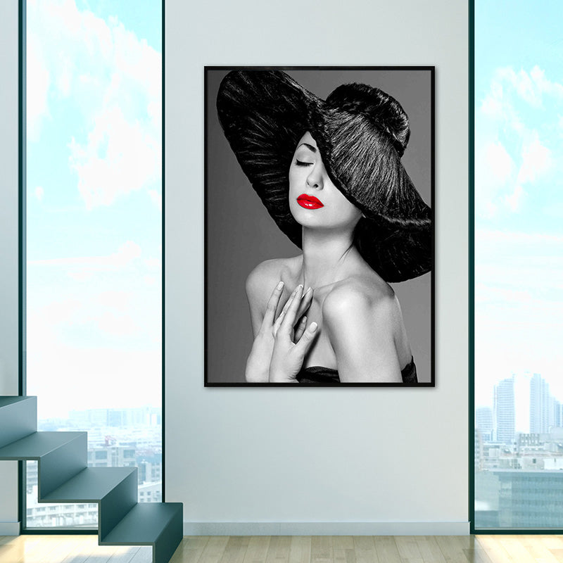 Soft Color Vintage Canvas Hatted Girl Painting for Dining Room, Multiple Sizes Options Clearhalo 'Arts' 'Canvas Art' 1760821