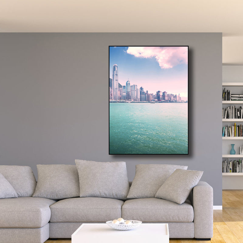 Seaside Skyscrapers Canvas Wall Art Textured Modern Style Bedroom Wall Decor in Blue Clearhalo 'Art Gallery' 'Canvas Art' 'Contemporary Art Gallery' 'Modern' Arts' 1760833