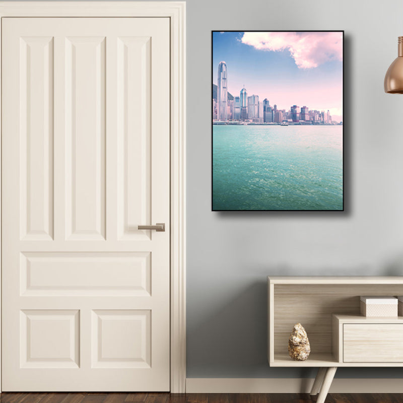 Seaside Skyscrapers Canvas Wall Art Textured Modern Style Bedroom Wall Decor in Blue Clearhalo 'Art Gallery' 'Canvas Art' 'Contemporary Art Gallery' 'Modern' Arts' 1760834