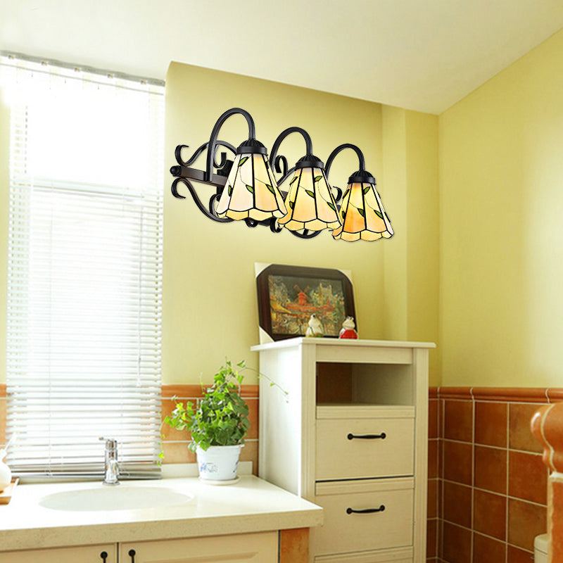 Lodge Leaf Vanity Light 3 Lights Stained Glass Wall Mount Lighting in Beige for Bedroom Lighting Beige Clearhalo 'Industrial' 'Middle century wall lights' 'Tiffany wall lights' 'Tiffany' 'Wall Lamps & Sconces' 'Wall Lights' Lighting' 176085