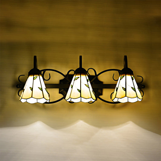 Lodge Leaf Vanity Light 3 Lights Stained Glass Wall Mount Lighting in Beige for Bedroom Lighting Clearhalo 'Industrial' 'Middle century wall lights' 'Tiffany wall lights' 'Tiffany' 'Wall Lamps & Sconces' 'Wall Lights' Lighting' 176086