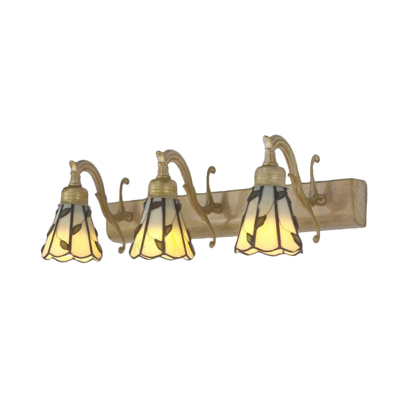3 Heads Leaf Vanity Light Rustic Loft Stained Glass Makeup Mirror Light with Linear Backplate in Copper/Antique Brass/Gold Clearhalo 'Industrial' 'Middle century wall lights' 'Tiffany wall lights' 'Tiffany' 'Wall Lamps & Sconces' 'Wall Lights' Lighting' 176092