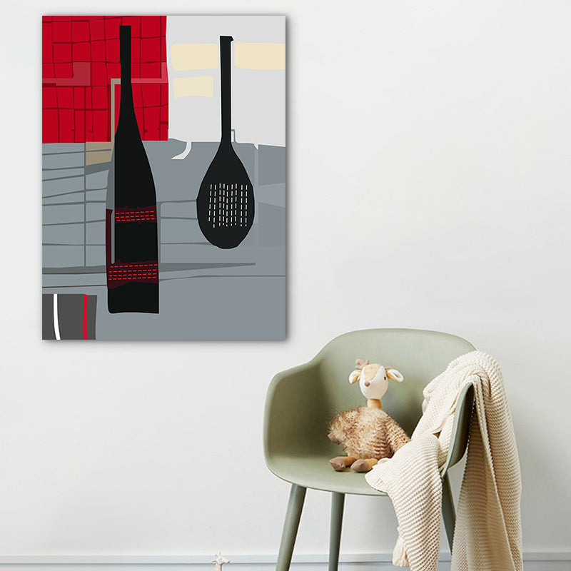 Scandinavian Wine Bottle Canvas Red and Grey Textured Wall Art Print for Living Room Red Clearhalo 'Arts' 'Canvas Art' 1760925