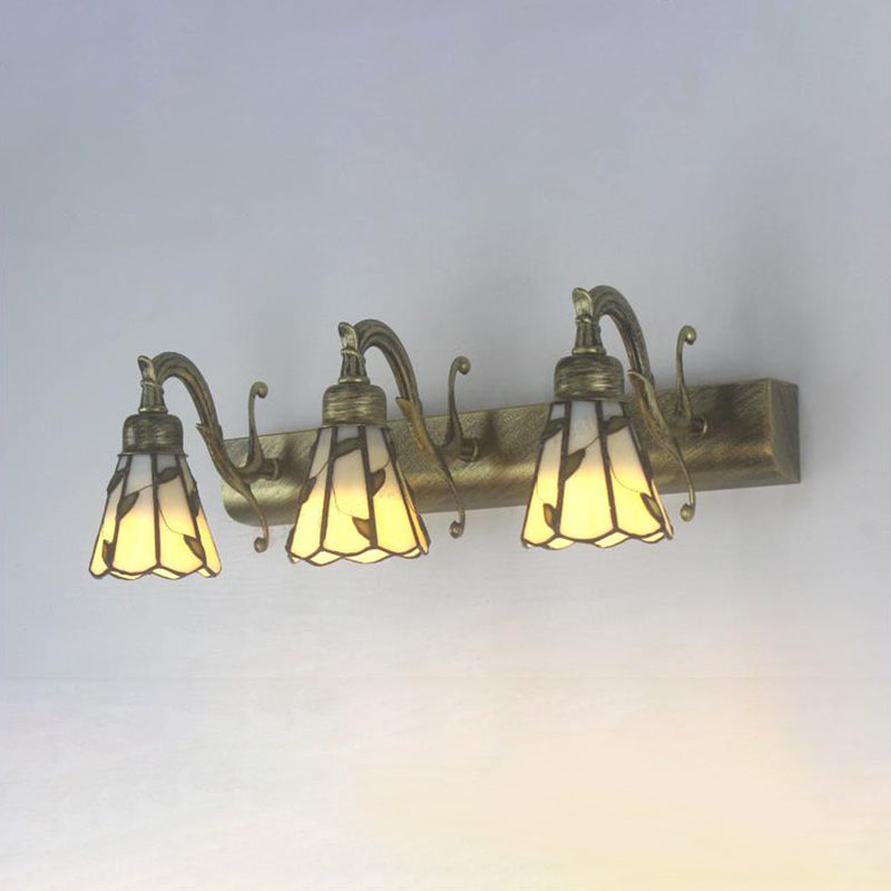3 Heads Leaf Vanity Light Rustic Loft Stained Glass Makeup Mirror Light with Linear Backplate in Copper/Antique Brass/Gold Clearhalo 'Industrial' 'Middle century wall lights' 'Tiffany wall lights' 'Tiffany' 'Wall Lamps & Sconces' 'Wall Lights' Lighting' 176095