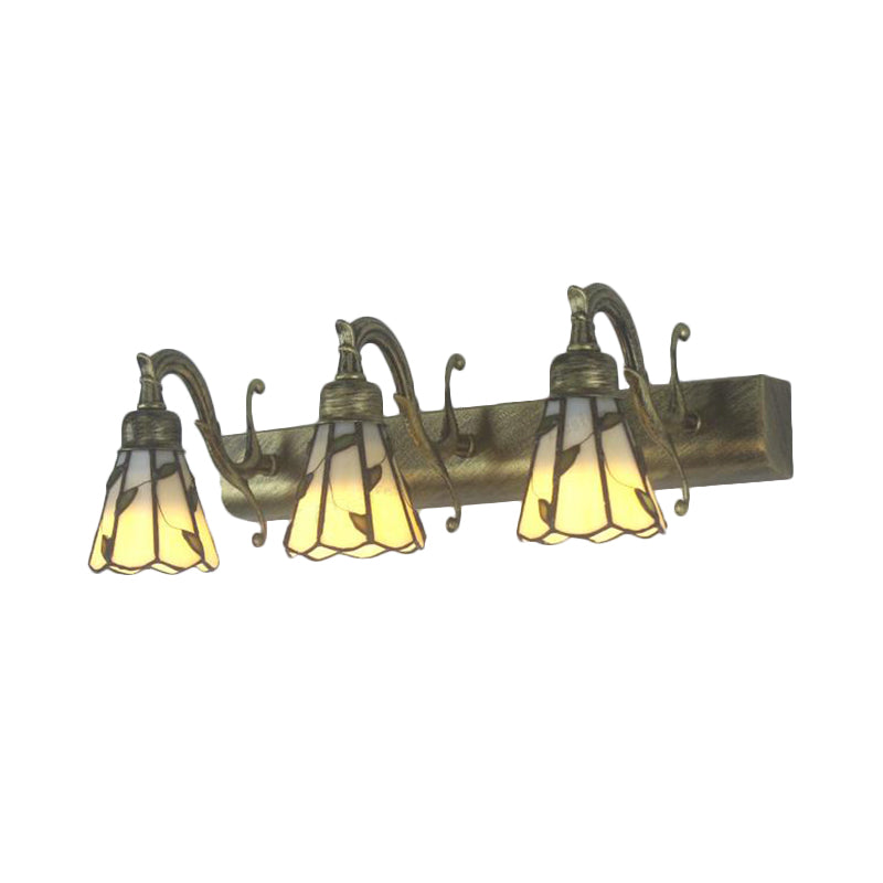 3 Heads Leaf Vanity Light Rustic Loft Stained Glass Makeup Mirror Light with Linear Backplate in Copper/Antique Brass/Gold Clearhalo 'Industrial' 'Middle century wall lights' 'Tiffany wall lights' 'Tiffany' 'Wall Lamps & Sconces' 'Wall Lights' Lighting' 176096