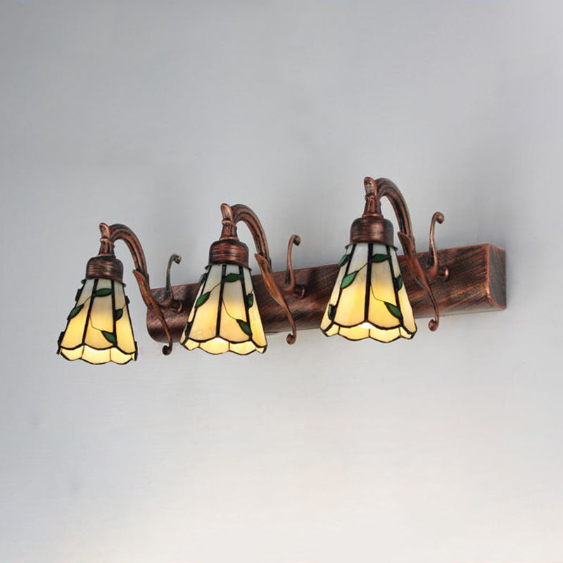 3 Heads Leaf Vanity Light Rustic Loft Stained Glass Makeup Mirror Light with Linear Backplate in Copper/Antique Brass/Gold Copper Clearhalo 'Industrial' 'Middle century wall lights' 'Tiffany wall lights' 'Tiffany' 'Wall Lamps & Sconces' 'Wall Lights' Lighting' 176097