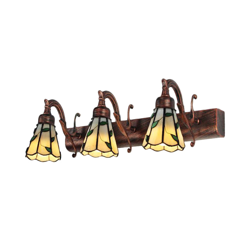 3 Heads Leaf Vanity Light Rustic Loft Stained Glass Makeup Mirror Light with Linear Backplate in Copper/Antique Brass/Gold Clearhalo 'Industrial' 'Middle century wall lights' 'Tiffany wall lights' 'Tiffany' 'Wall Lamps & Sconces' 'Wall Lights' Lighting' 176098