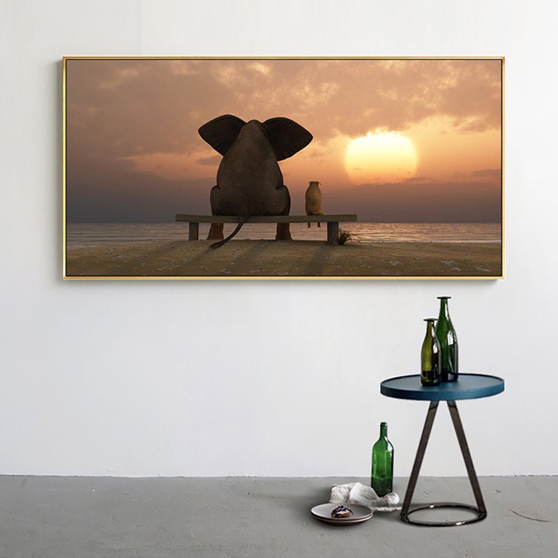 Contemporary Elephant and Dog Canvas Soft Color Bedroom Painting, Multiple Sizes Clearhalo 'Art Gallery' 'Canvas Art' 'Contemporary Art Gallery' 'Modern' Arts' 1761003
