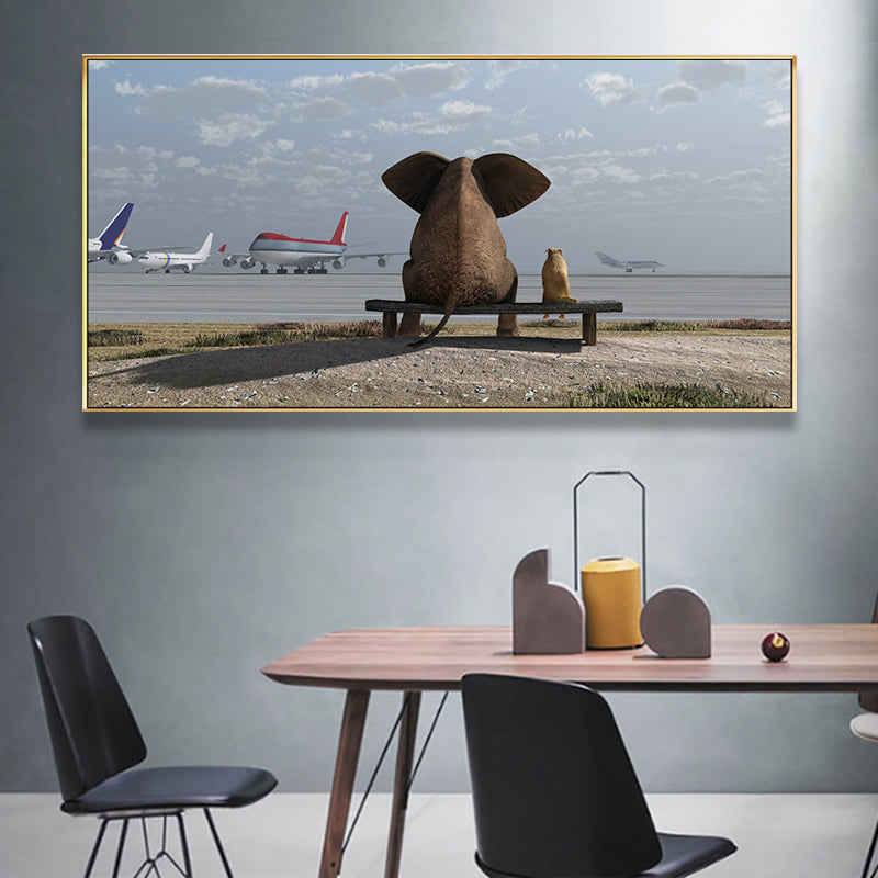 Contemporary Elephant and Dog Canvas Soft Color Bedroom Painting, Multiple Sizes Light Blue Clearhalo 'Art Gallery' 'Canvas Art' 'Contemporary Art Gallery' 'Modern' Arts' 1761008