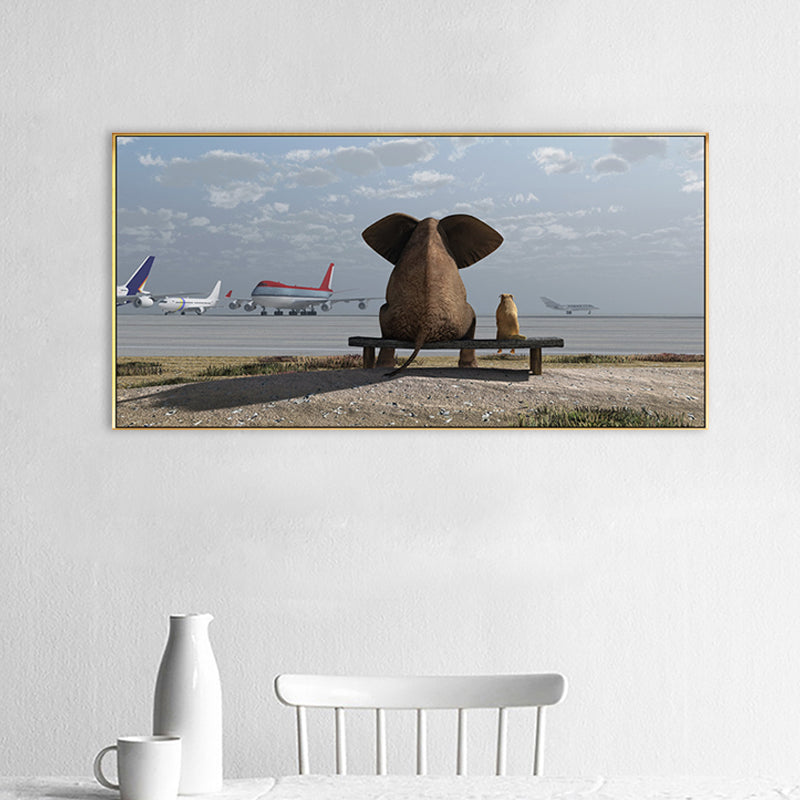 Contemporary Elephant and Dog Canvas Soft Color Bedroom Painting, Multiple Sizes Clearhalo 'Art Gallery' 'Canvas Art' 'Contemporary Art Gallery' 'Modern' Arts' 1761010