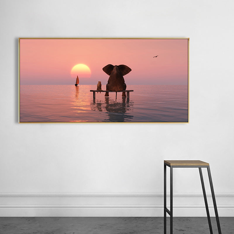 Contemporary Elephant and Dog Canvas Soft Color Bedroom Painting, Multiple Sizes Clearhalo 'Art Gallery' 'Canvas Art' 'Contemporary Art Gallery' 'Modern' Arts' 1761013