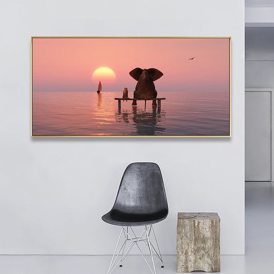Contemporary Elephant and Dog Canvas Soft Color Bedroom Painting, Multiple Sizes Clearhalo 'Art Gallery' 'Canvas Art' 'Contemporary Art Gallery' 'Modern' Arts' 1761014
