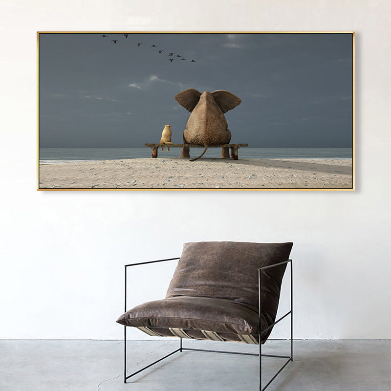 Contemporary Elephant and Dog Canvas Soft Color Bedroom Painting, Multiple Sizes Blue Clearhalo 'Art Gallery' 'Canvas Art' 'Contemporary Art Gallery' 'Modern' Arts' 1761016