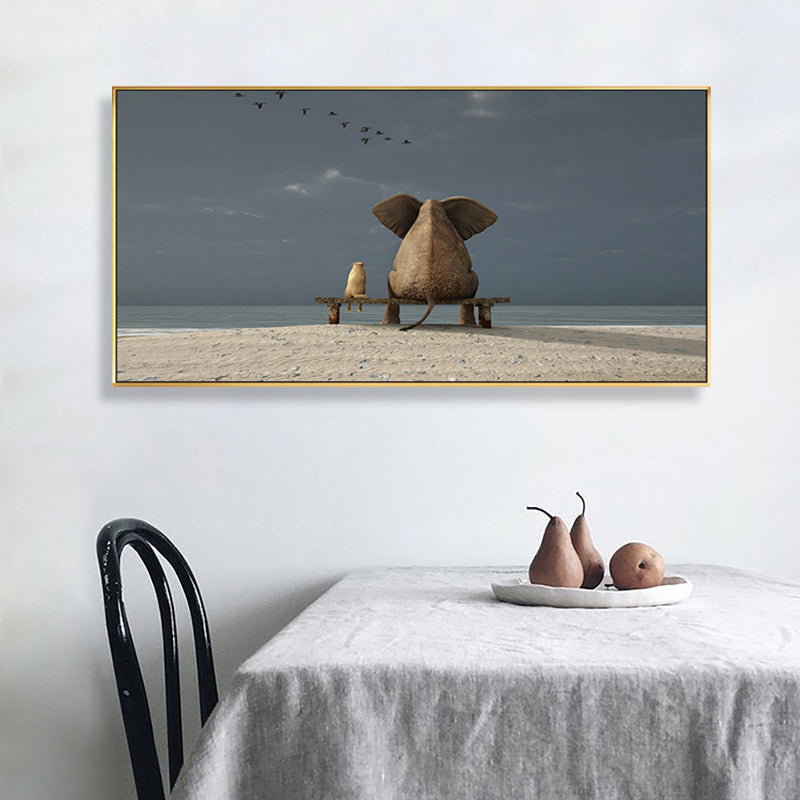Contemporary Elephant and Dog Canvas Soft Color Bedroom Painting, Multiple Sizes Clearhalo 'Art Gallery' 'Canvas Art' 'Contemporary Art Gallery' 'Modern' Arts' 1761017
