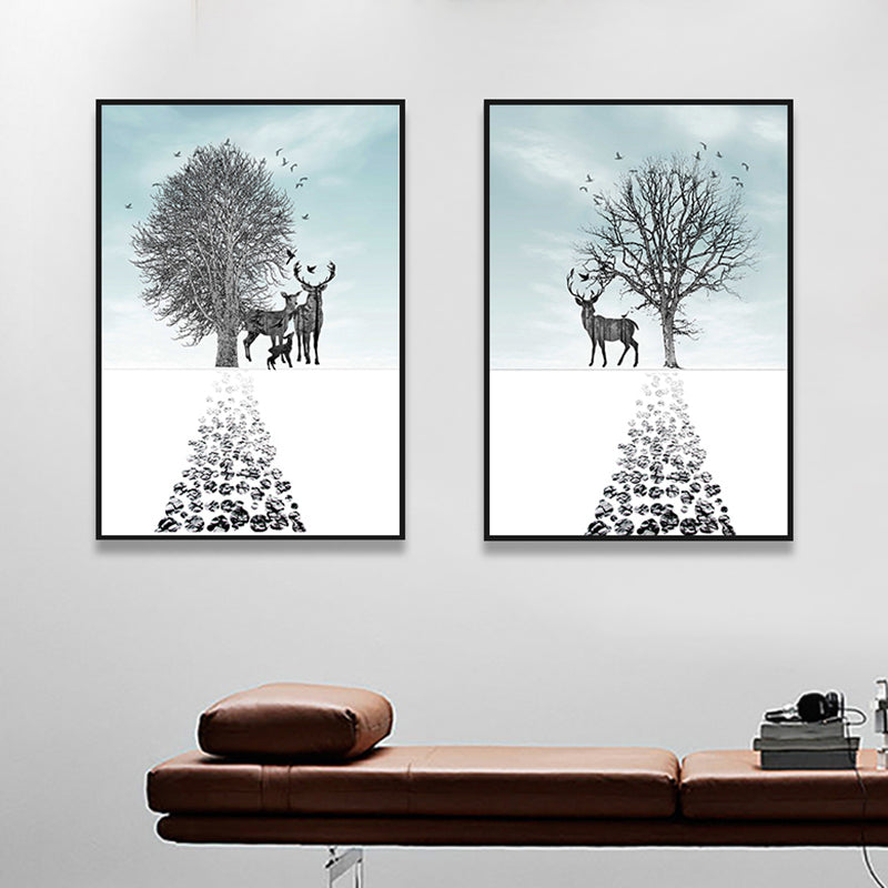 Illustration Deer Canvas Print Living Room Animal Wall Art in Pastel Color, Set of 2 Blue Clearhalo 'Art Gallery' 'Canvas Art' 'Contemporary Art Gallery' 'Modern' Arts' 1761020