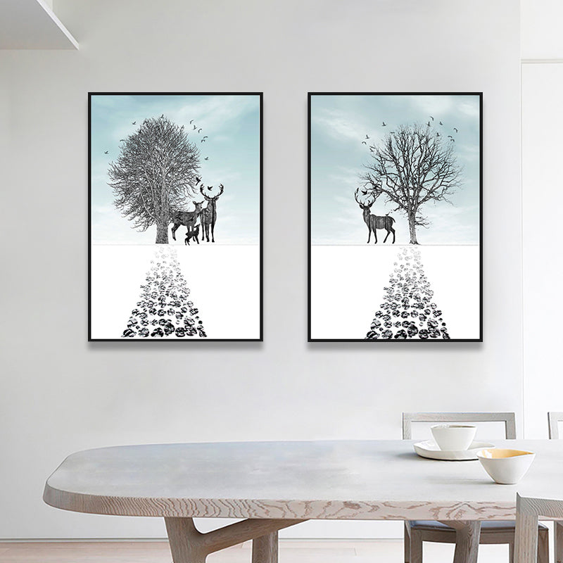 Illustration Deer Canvas Print Living Room Animal Wall Art in Pastel Color, Set of 2 Clearhalo 'Art Gallery' 'Canvas Art' 'Contemporary Art Gallery' 'Modern' Arts' 1761021
