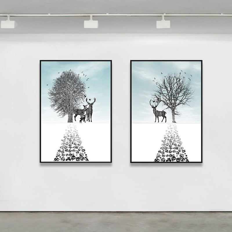 Illustration Deer Canvas Print Living Room Animal Wall Art in Pastel Color, Set of 2 Clearhalo 'Art Gallery' 'Canvas Art' 'Contemporary Art Gallery' 'Modern' Arts' 1761022