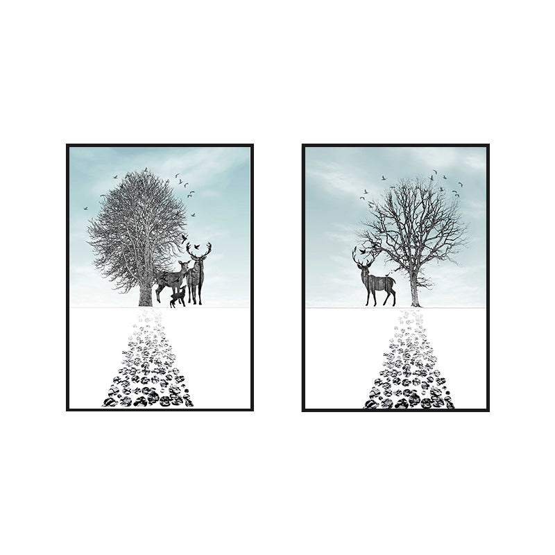 Illustration Deer Canvas Print Living Room Animal Wall Art in Pastel Color, Set of 2 Clearhalo 'Art Gallery' 'Canvas Art' 'Contemporary Art Gallery' 'Modern' Arts' 1761023
