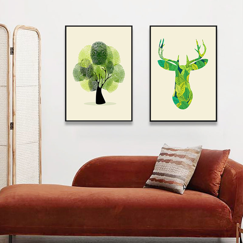 Illustration Deer Canvas Print Living Room Animal Wall Art in Pastel Color, Set of 2 Green Clearhalo 'Art Gallery' 'Canvas Art' 'Contemporary Art Gallery' 'Modern' Arts' 1761032