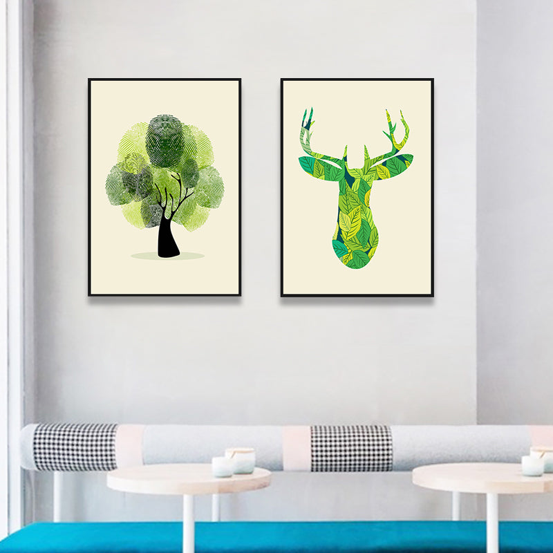 Illustration Deer Canvas Print Living Room Animal Wall Art in Pastel Color, Set of 2 Clearhalo 'Art Gallery' 'Canvas Art' 'Contemporary Art Gallery' 'Modern' Arts' 1761033