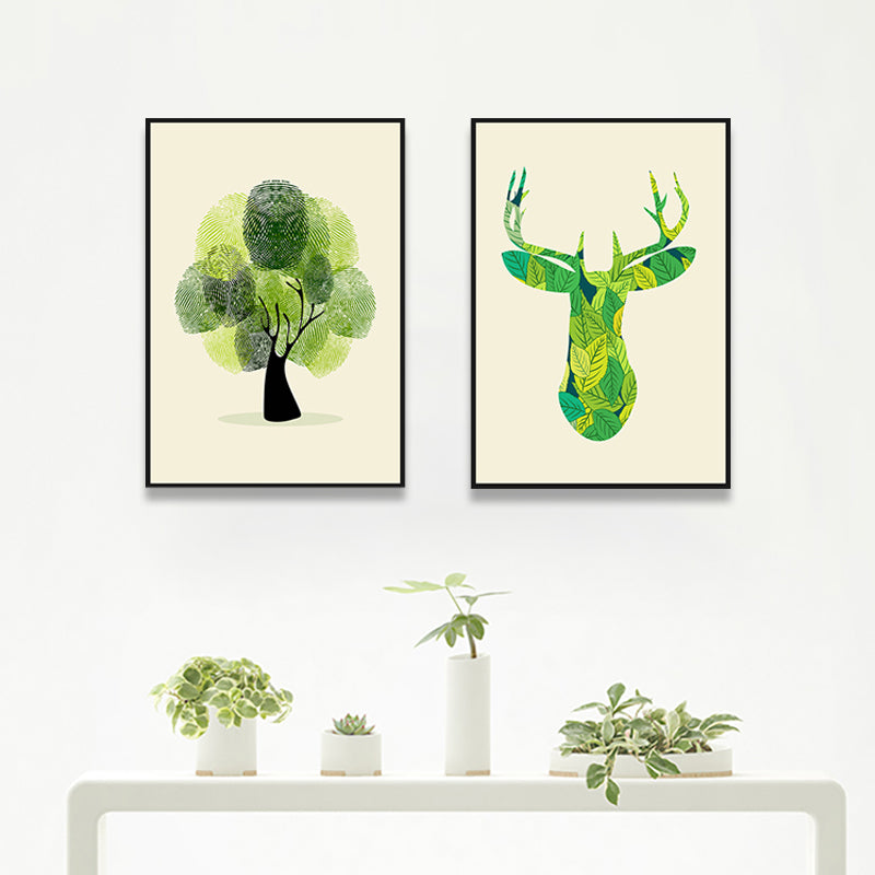 Illustration Deer Canvas Print Living Room Animal Wall Art in Pastel Color, Set of 2 Clearhalo 'Art Gallery' 'Canvas Art' 'Contemporary Art Gallery' 'Modern' Arts' 1761034