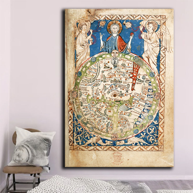 Religious World Map Painting in Blue Art Nouveau Style Wall Art Decor for Dining Room Blue Clearhalo 'Arts' 'Canvas Art' 1761386