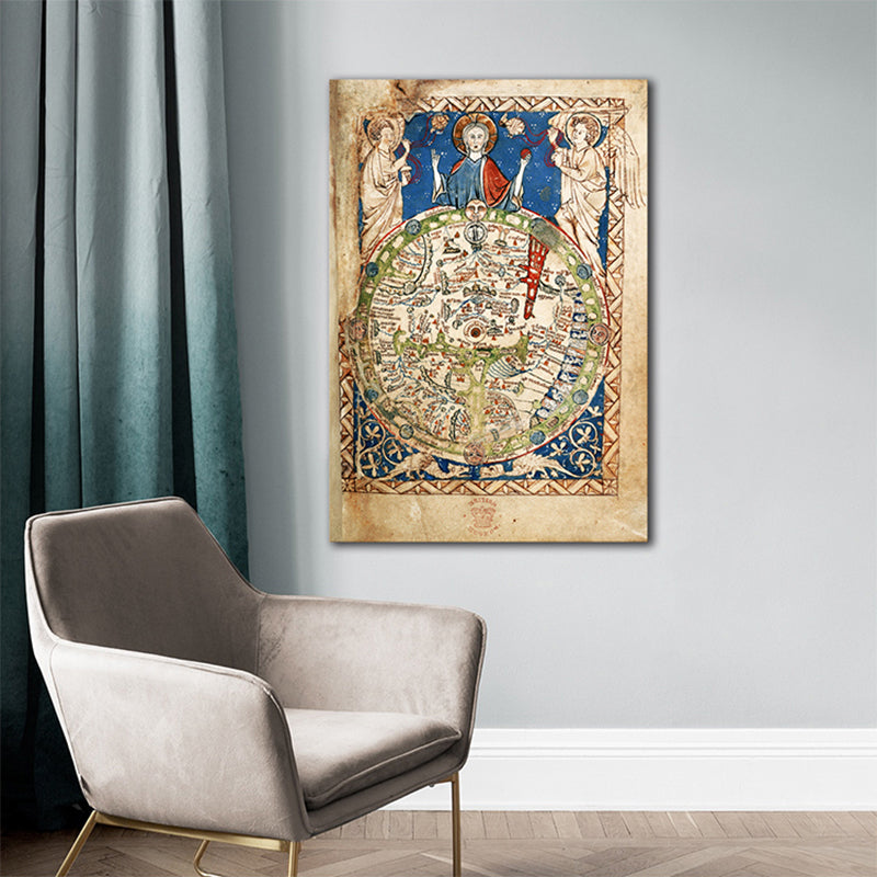 Religious World Map Painting in Blue Art Nouveau Style Wall Art Decor for Dining Room Clearhalo 'Arts' 'Canvas Art' 1761387