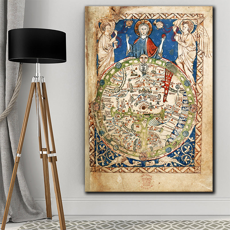Religious World Map Painting in Blue Art Nouveau Style Wall Art Decor for Dining Room Clearhalo 'Arts' 'Canvas Art' 1761388