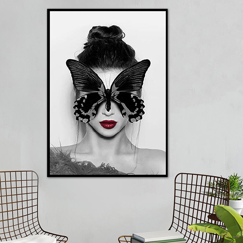 Butterfly Mask Girl Wall Decor Vintage Canvas Textured Painting in Gray, Multiple Sizes Grey Clearhalo 'Arts' 'Canvas Art' 1761429