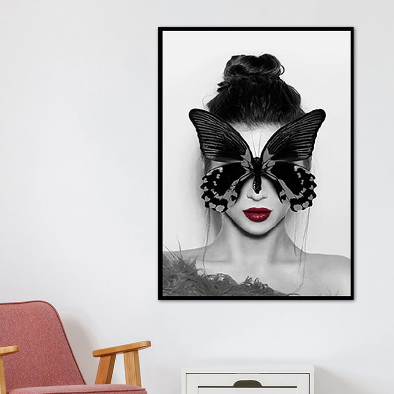 Decoración de pared de la niña de la máscara de mariposa de la niña Pintura texturizada de lona vintage en gris, tamaños múltiples
