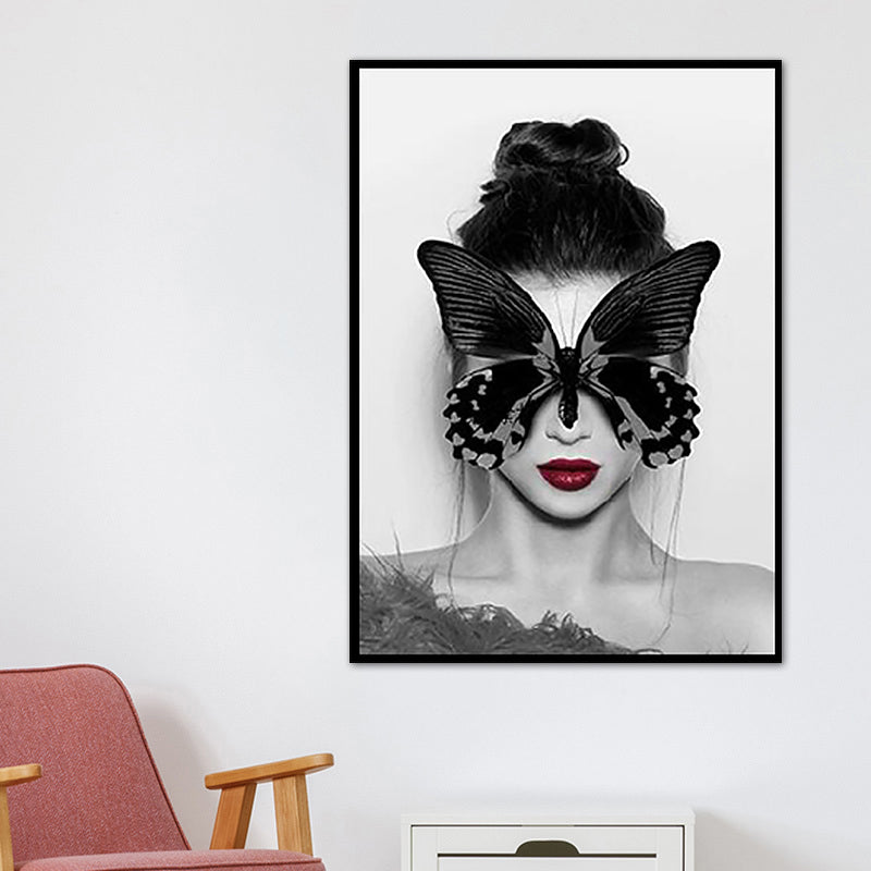 Butterfly Mask Girl Wall Decor Vintage Canvas Textured Painting in Gray, Multiple Sizes Clearhalo 'Arts' 'Canvas Art' 1761431