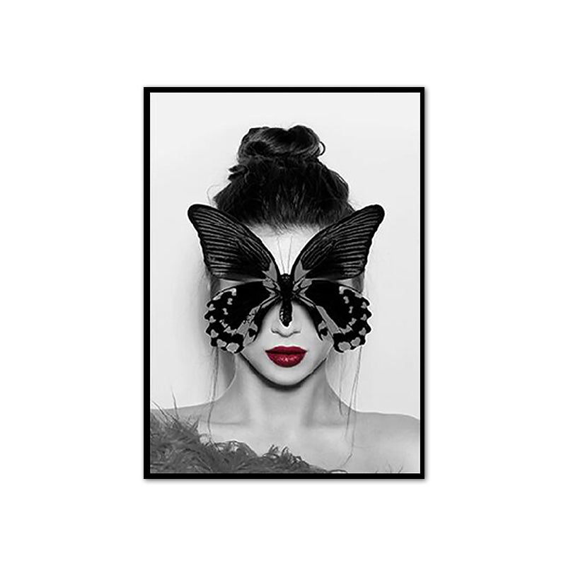 Butterfly Mask Girl Wall Decor Vintage Canvas Textured Painting in Gray, Multiple Sizes Clearhalo 'Arts' 'Canvas Art' 1761432