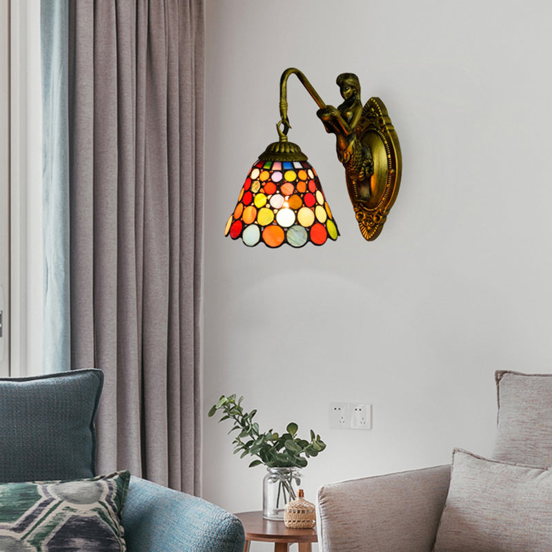 1 Head Wall Mount Light Tiffany Bell Multicolor Stained Glass Sconce Light Fixture in Antique Brass Antique Brass Clearhalo 'Industrial' 'Middle century wall lights' 'Tiffany wall lights' 'Tiffany' 'Wall Lamps & Sconces' 'Wall Lights' Lighting' 176145