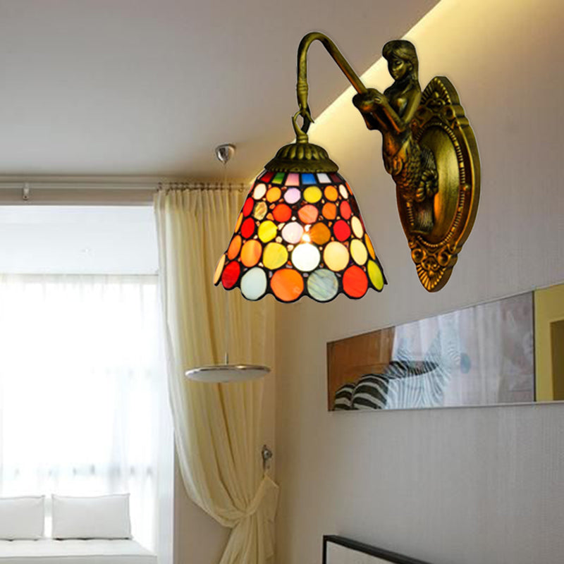 1 Head Wall Mount Light Tiffany Bell Multicolor Stained Glass Sconce Light Fixture in Antique Brass Clearhalo 'Industrial' 'Middle century wall lights' 'Tiffany wall lights' 'Tiffany' 'Wall Lamps & Sconces' 'Wall Lights' Lighting' 176146