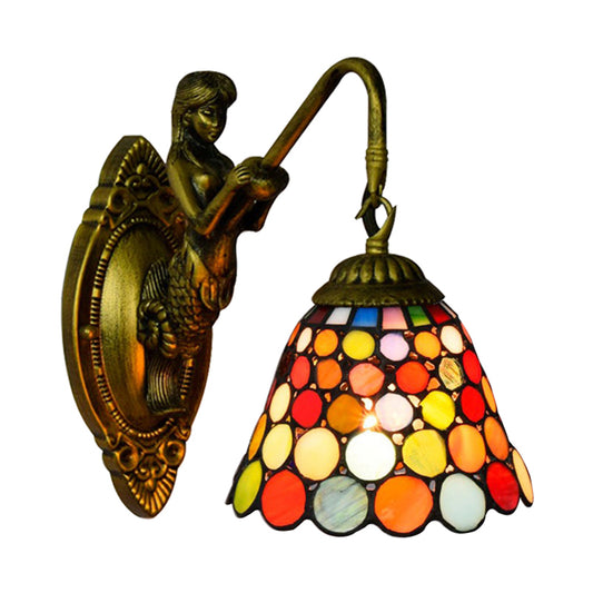 1 Head Wall Mount Light Tiffany Bell Multicolor Stained Glass Sconce Light Fixture in Antique Brass Clearhalo 'Industrial' 'Middle century wall lights' 'Tiffany wall lights' 'Tiffany' 'Wall Lamps & Sconces' 'Wall Lights' Lighting' 176147