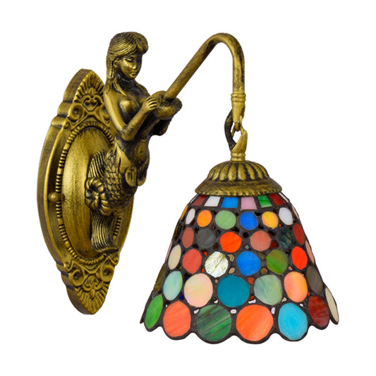 1 Head Wall Mount Light Tiffany Bell Multicolor Stained Glass Sconce Light Fixture in Antique Brass Clearhalo 'Industrial' 'Middle century wall lights' 'Tiffany wall lights' 'Tiffany' 'Wall Lamps & Sconces' 'Wall Lights' Lighting' 176148