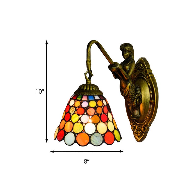 1 Head Wall Mount Light Tiffany Bell Multicolor Stained Glass Sconce Light Fixture in Antique Brass Clearhalo 'Industrial' 'Middle century wall lights' 'Tiffany wall lights' 'Tiffany' 'Wall Lamps & Sconces' 'Wall Lights' Lighting' 176149