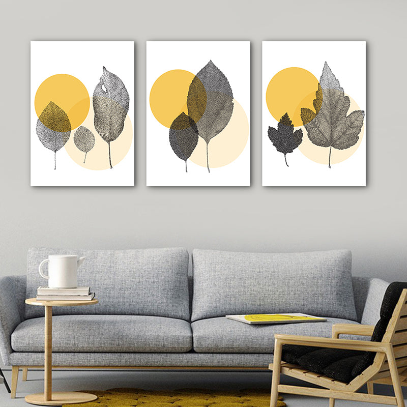 Textured Yellow Canvas Art Scandinavian Style Leaves Printed Wall Decor, Set of 3 Clearhalo 'Arts' 'Canvas Art' 1761505