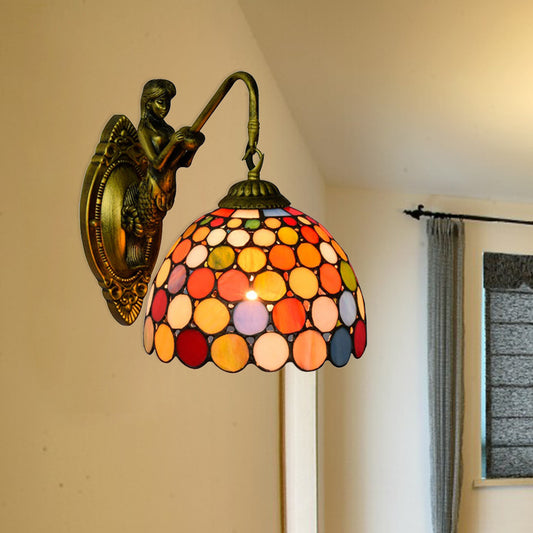 Antique Brass 1 Head Sconce Lighting Tiffany Multicolor Stained Glass Dome Wall Mount Light Clearhalo 'Industrial' 'Middle century wall lights' 'Tiffany wall lights' 'Tiffany' 'Wall Lamps & Sconces' 'Wall Lights' Lighting' 176151