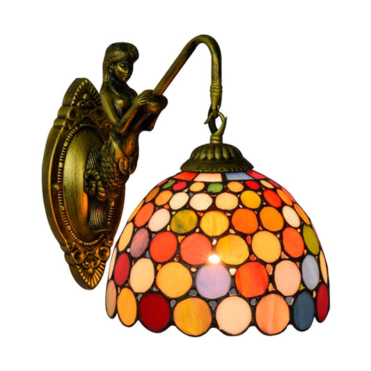 Antique Brass 1 Head Sconce Lighting Tiffany Multicolor Stained Glass Dome Wall Mount Light Clearhalo 'Industrial' 'Middle century wall lights' 'Tiffany wall lights' 'Tiffany' 'Wall Lamps & Sconces' 'Wall Lights' Lighting' 176152