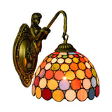 Antique Brass 1 Head Sconce Lighting Tiffany Multicolor Stained Glass Dome Wall Mount Light Clearhalo 'Industrial' 'Middle century wall lights' 'Tiffany wall lights' 'Tiffany' 'Wall Lamps & Sconces' 'Wall Lights' Lighting' 176152