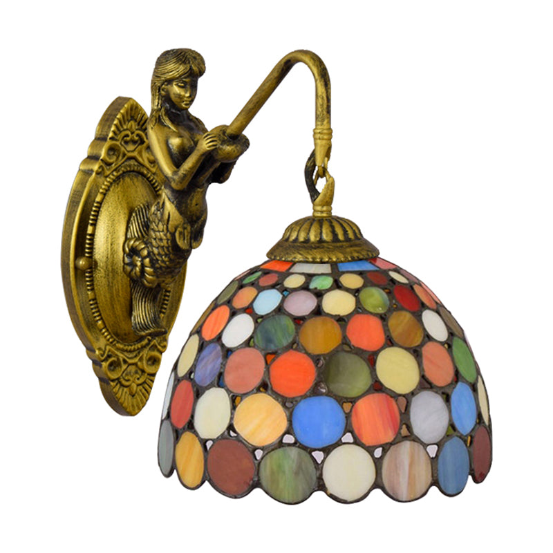 Antique Brass 1 Head Sconce Lighting Tiffany Multicolor Stained Glass Dome Wall Mount Light Clearhalo 'Industrial' 'Middle century wall lights' 'Tiffany wall lights' 'Tiffany' 'Wall Lamps & Sconces' 'Wall Lights' Lighting' 176153