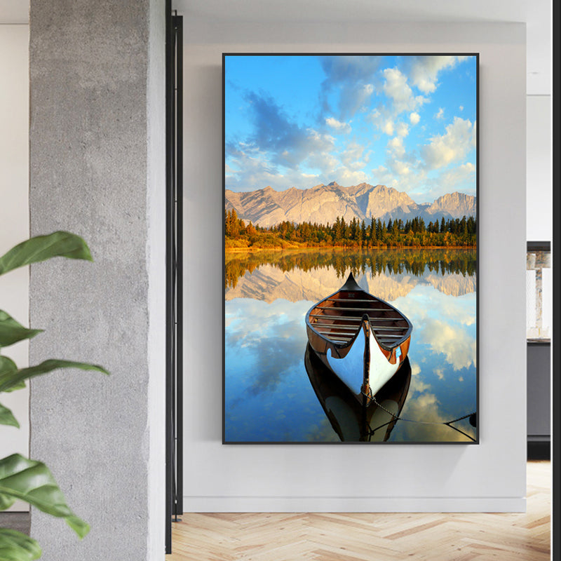 Boat Sunset Lake Scenery Canvas Contemporary Textured Wall Art Decor in Blue-Brown Blue Clearhalo 'Art Gallery' 'Canvas Art' 'Contemporary Art Gallery' 'Modern' Arts' 1761532