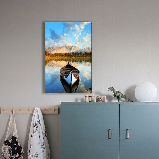Boat Sunset Lake Scenery Canvas Contemporary Textured Wall Art Decor in Blue-Brown Clearhalo 'Art Gallery' 'Canvas Art' 'Contemporary Art Gallery' 'Modern' Arts' 1761534
